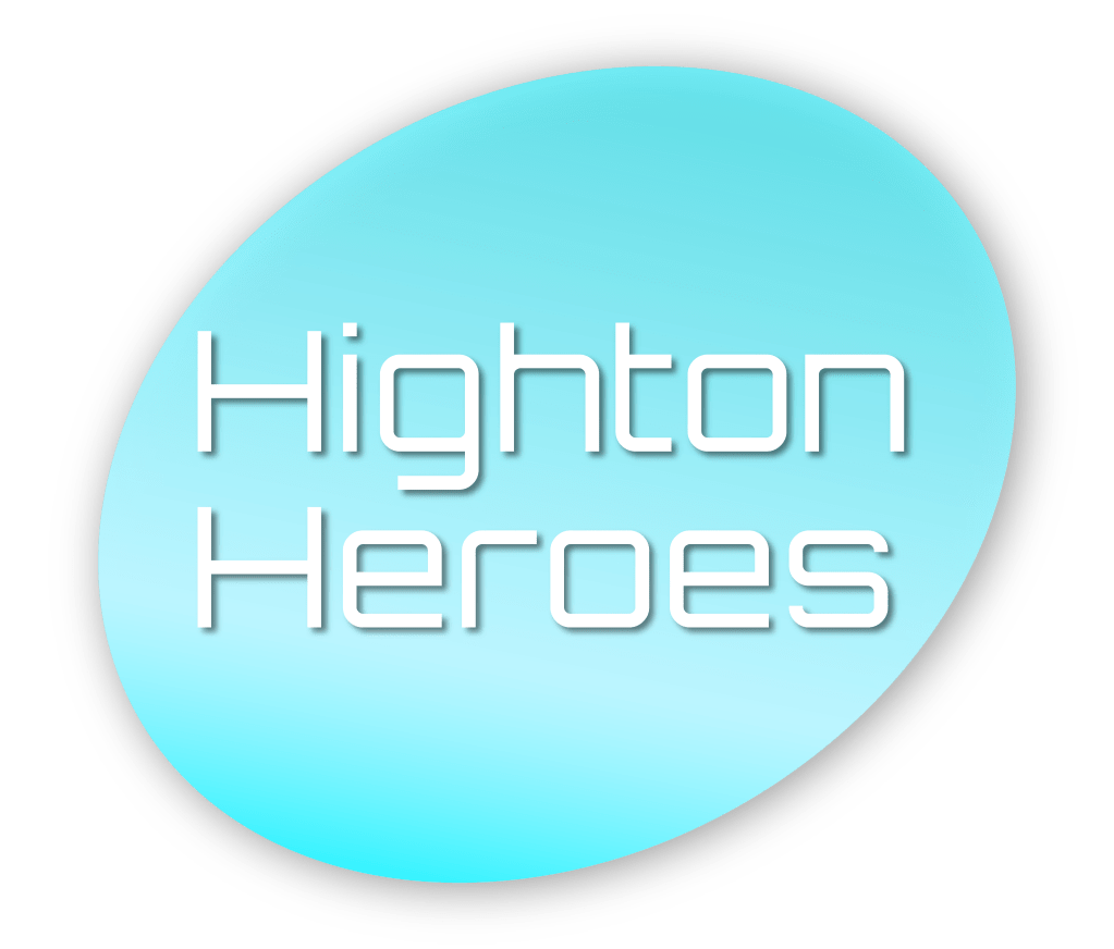 The official logo for animated sci-fi action TV Series - Highton Heroes. White text that reads 'Highton Heroes' sits atop an off-angle aqua blue circle.