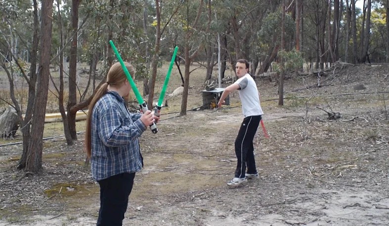 Kyle and Dean rehearse their lightsaber duel moves before filming KNN Episode 9