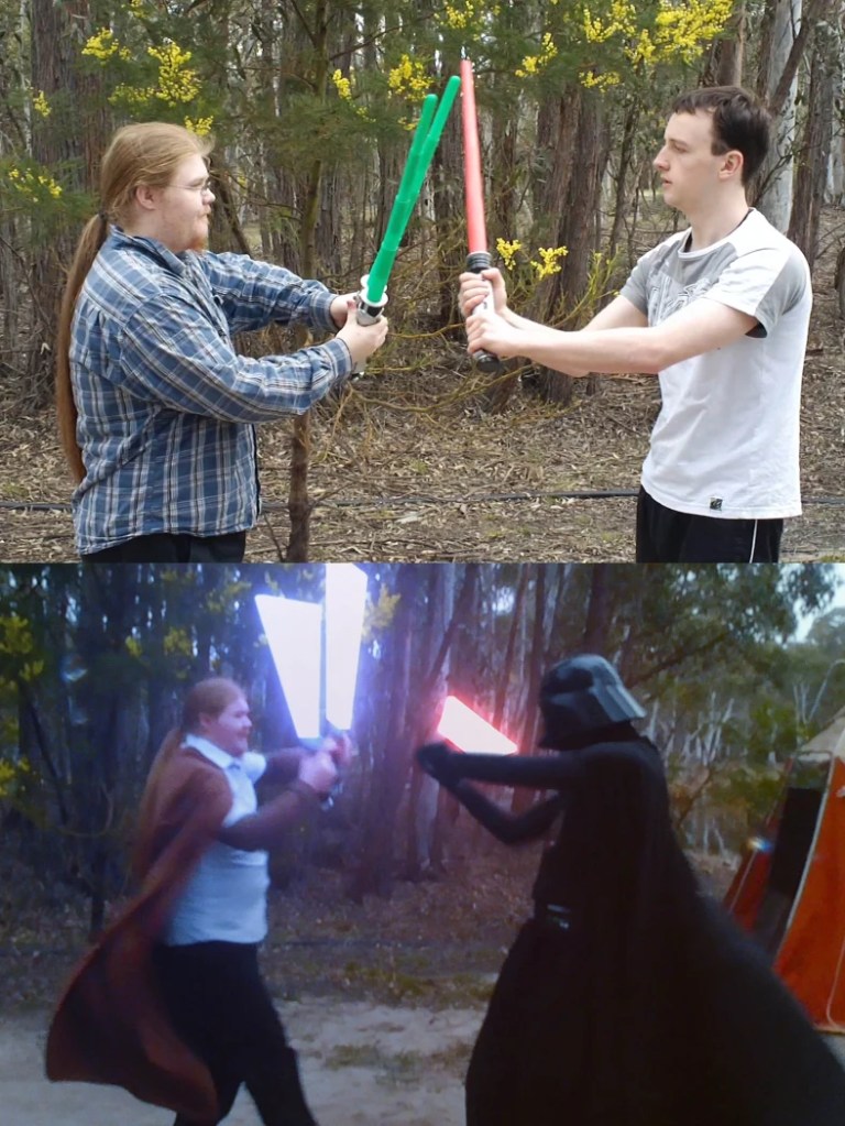 A comparison of Kyle and Dean duelling it out before and after costumes. KNN Episode 9. 
