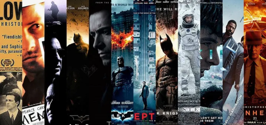 A long image with a snip from each of Nolan's film's movie posters