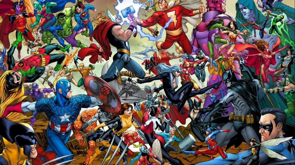 A comic style artwork of Marvel heroes fighting DC heroes